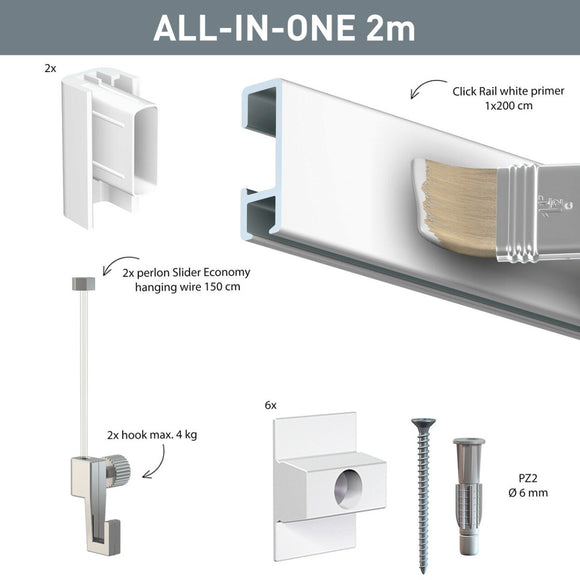 Galleriskena Klick vit 2 m, tavelupphängningssystem för 2 tavlor. Komplett set - galleriskena